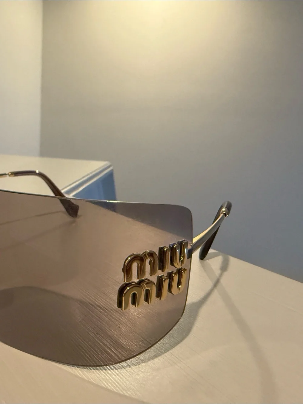 Miu Miu Gradient Pink Rimless Shield Sunglasses with Gold Logo